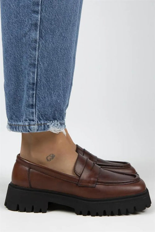 MJ- Cepmen Women Leather angular Original Leather Loafer Tan Shoe