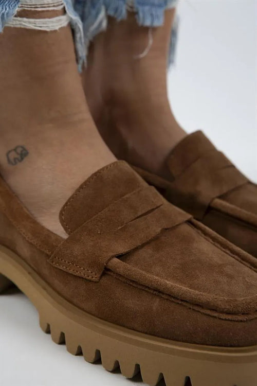 Mj-cepmen nők valódi bőr súrolt loafer taba süet cipő