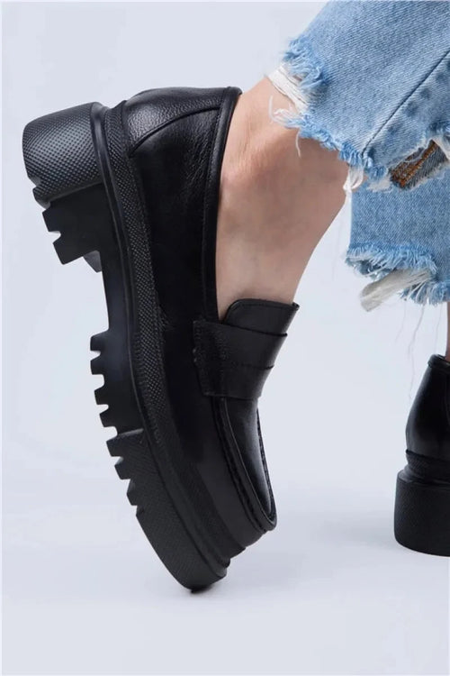 Mj- Danita Kadın Hakiki Deri Loafer Siyah Ayakkabı