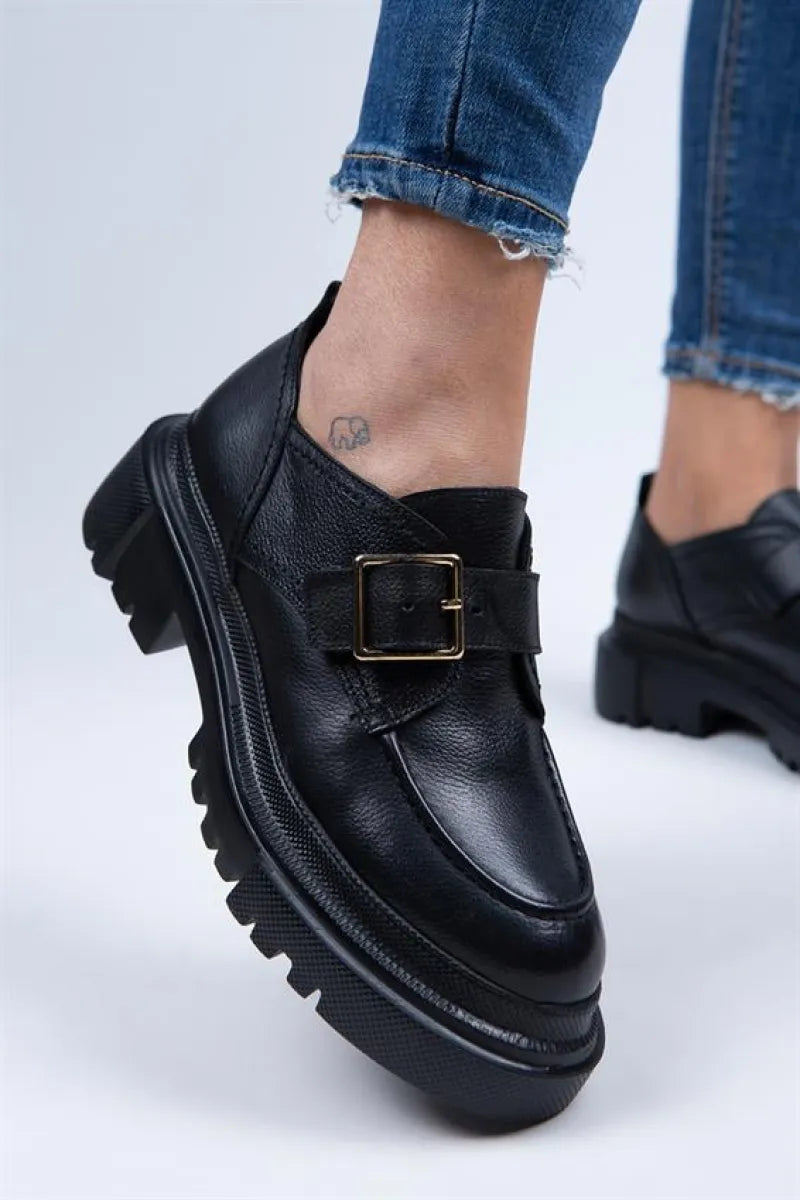 Mj - gloria kadın hakiki deri loafer kemerli tokalı siyah ayakkabı