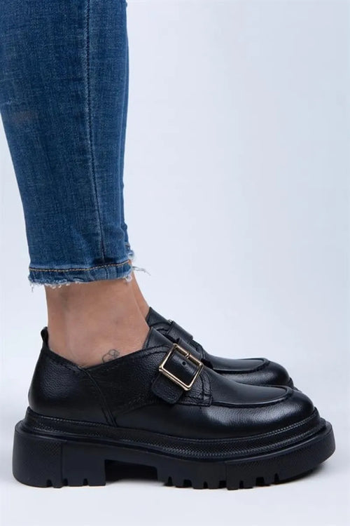 Mj- Gloria Kadın Hakiki Deri Loafer Kemerli Tokalı Siyah Ayakkabı
