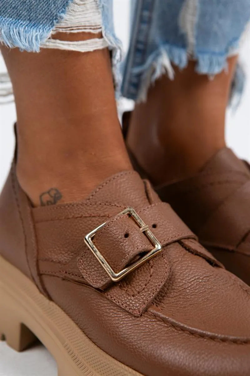 Mj- gloria kadın hakiki deri loafer kemerli tokalı taba ayakkabı