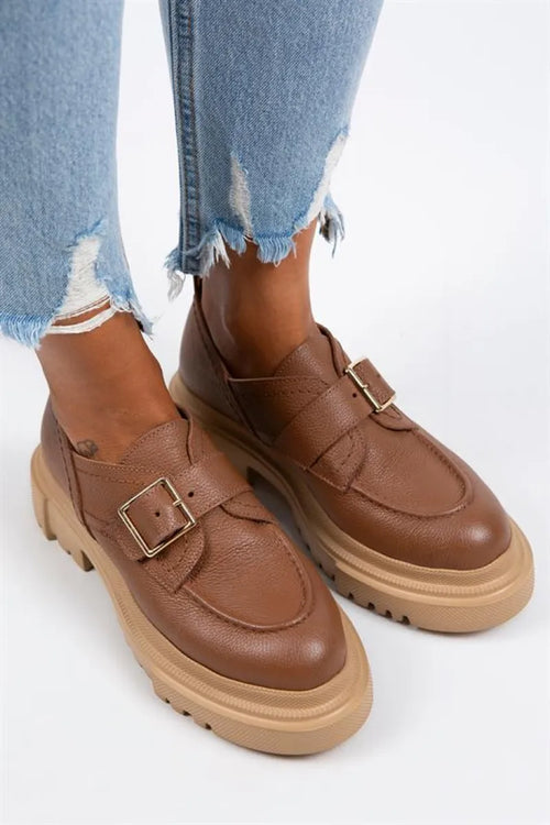Mj- Gloria Women Original Leather Loafer arched buckle Tan Shoe