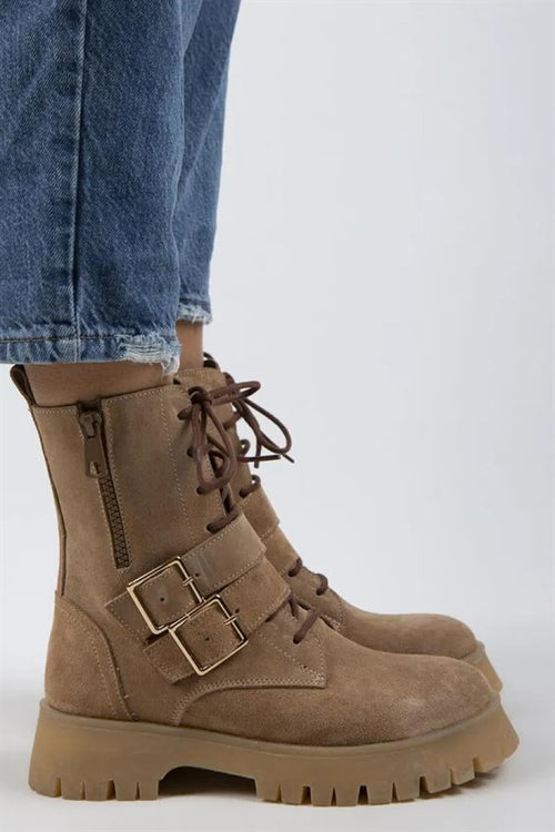 Mj- Hannah Women Original Leather Ligned Zippered Sand with Zipper Suede Boots