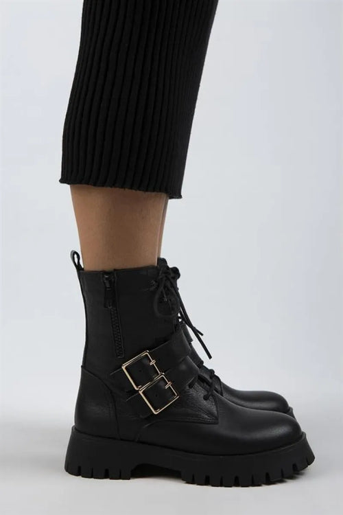 Mj- Hannah Women Original Leather Black zipper with lace -up black Boots