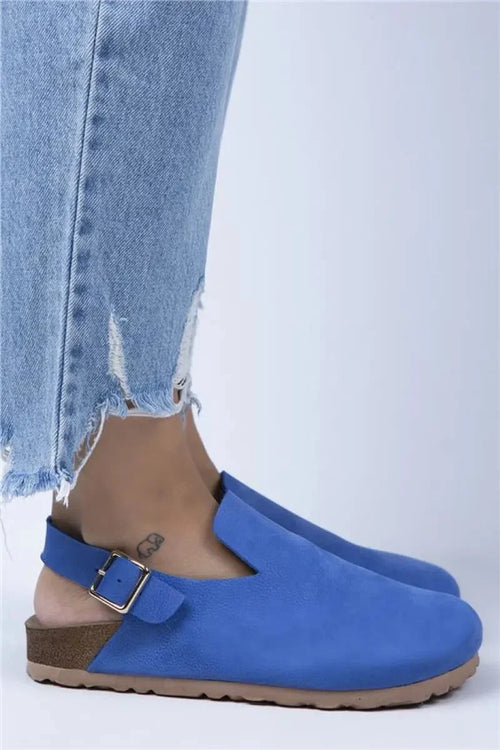 Mj- Holly Kadın Hakiki Deri Kemerli Tokalı Mavi - Gold Sandalet