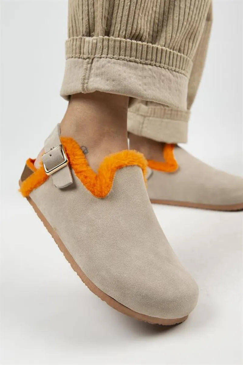 Mj- holly kürklü kadın hakiki deri kemerli tokalı bej- turuncu sandalet