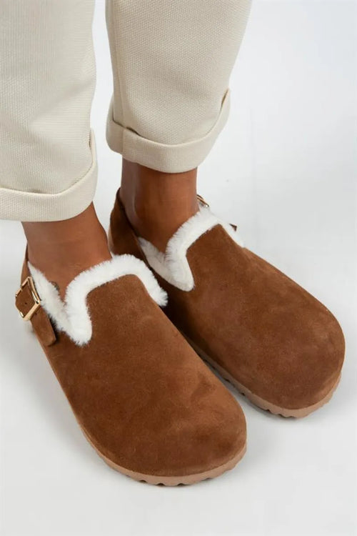 MJ- Holly furry Women Original Leather Arched buckle fur Tan Suede Sandals