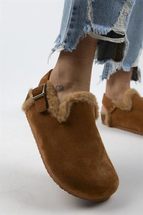 MJ- Holly furry Women Original Leather Furry Original Leather Arched buckle Tan-Tan Sandals