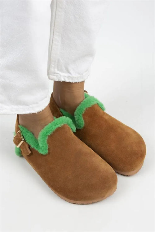 Mj- Holly Kürklü Kadın Hakiki Deri Kürklü Hakiki Deri Kemerli Tokalı Taba- Yeşil Sandalet