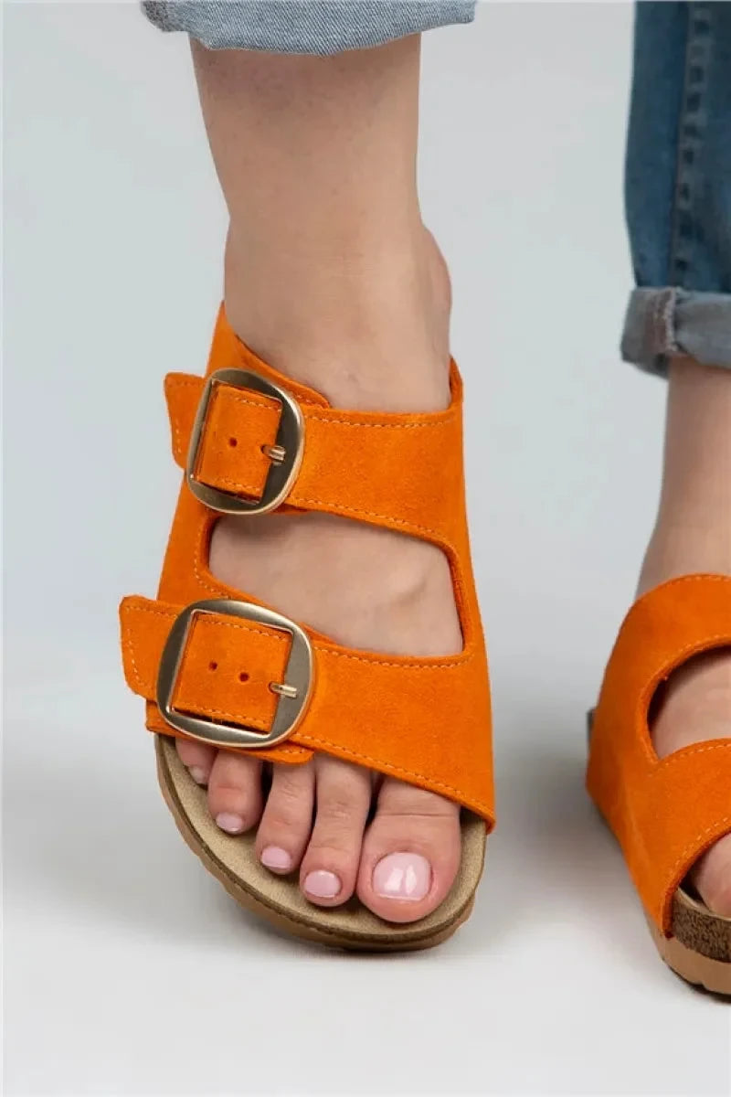 Mj irene kadın hakiki deri çift tokalı turuncu terlik / women > shoes > slippers
