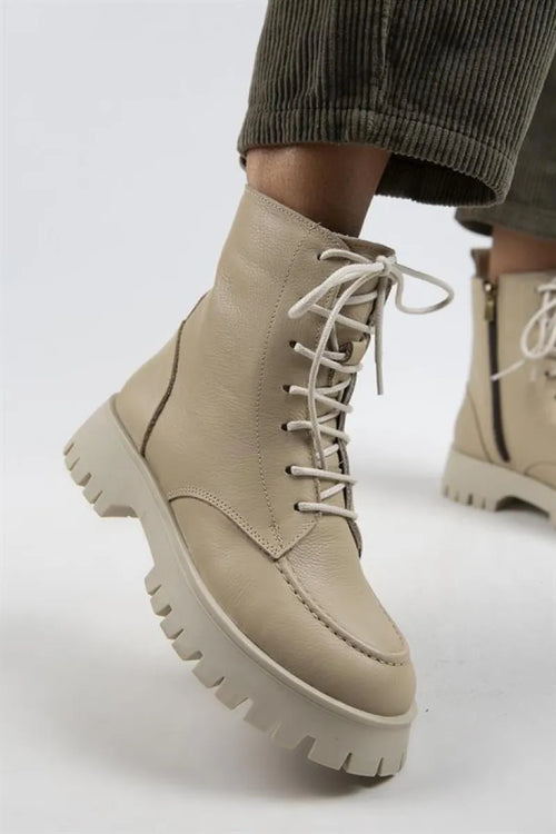 MJ- Jemima Women Original Leather Zipper with lace Beige Boots