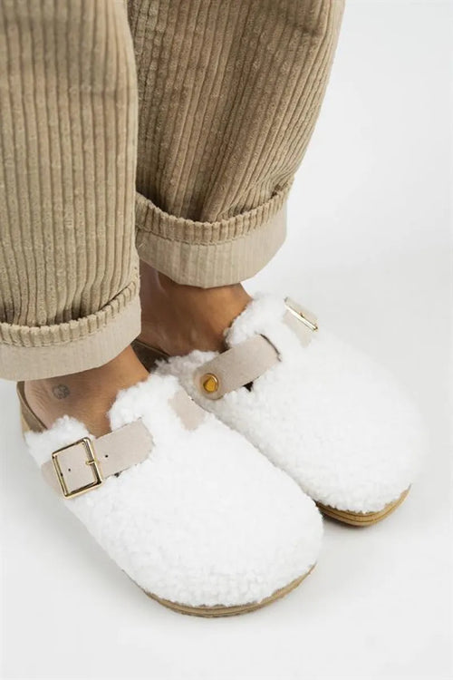 Mj- juno Women Textile fur Original Leather Arched Buckle White-Slice Slippers