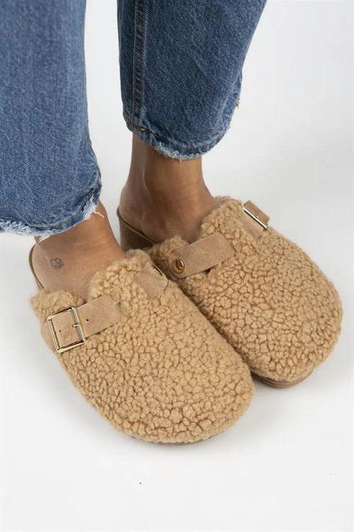 Mj- juno Women Textile fur Original Leather Arched buckle caramel slippers