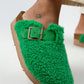 Mj- juno kadın tekstil kürklü hakiki deri kemerli tokalı koyu yeşil terlik