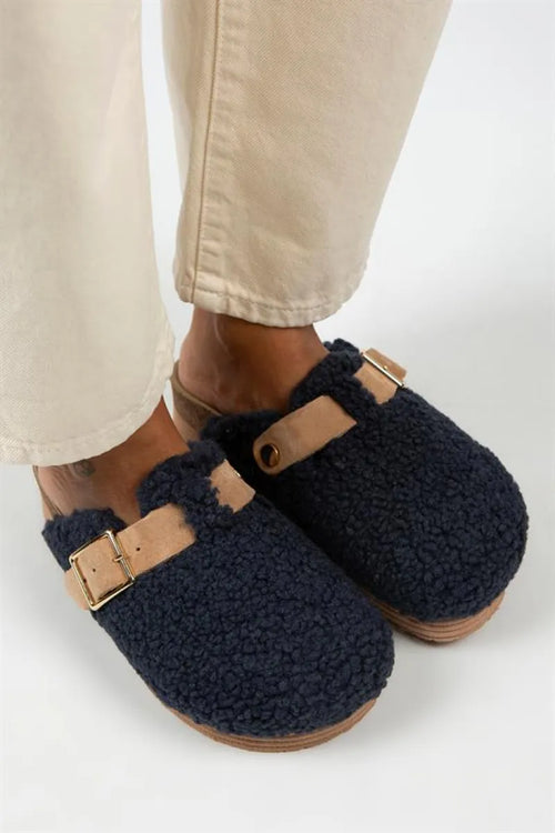 MJ- Juno Fourrure textile pour femmes authentique boucle arquée boucle marine bleu slipper
