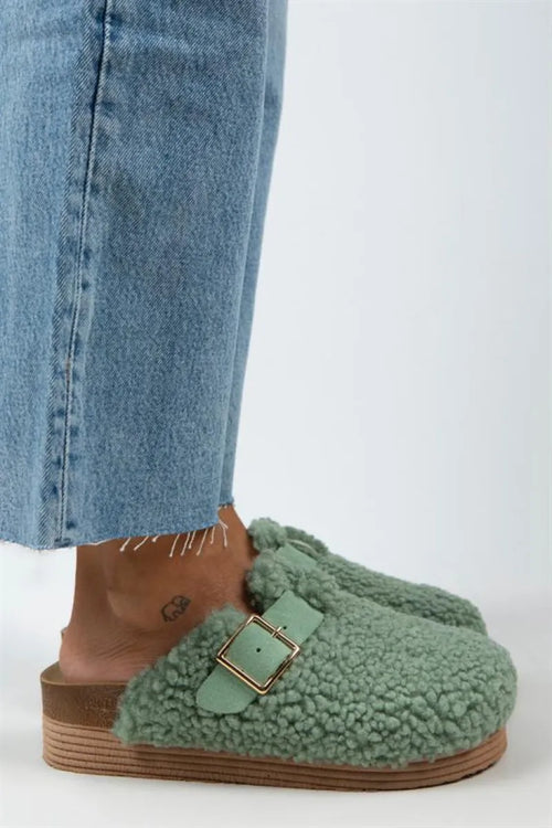 MJ- Juno dames textielbont echt leer gebogen gesp geworden buckle mint groene slipper