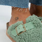 Mj- juno kadın tekstil kürklü hakiki deri kemerli tokalı mint yeşil terlik