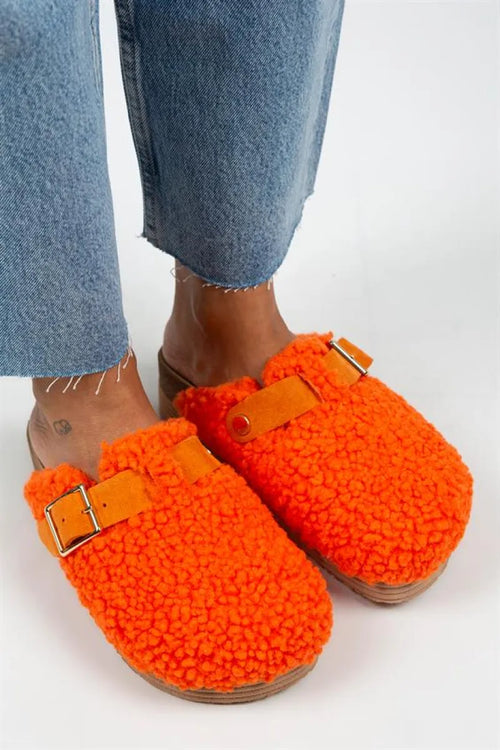 MJ- Juno női textilszőrme valódi bőr íves csat narancssárga papucs