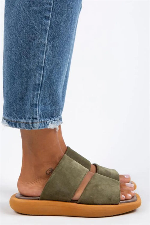 MJ- Sage en cuir général féminin à double bande Khaki Süet Slippers