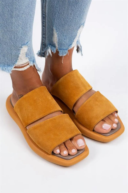 MJ- Sage en cuir général pour femmes à double bande Taba Süet Slippers