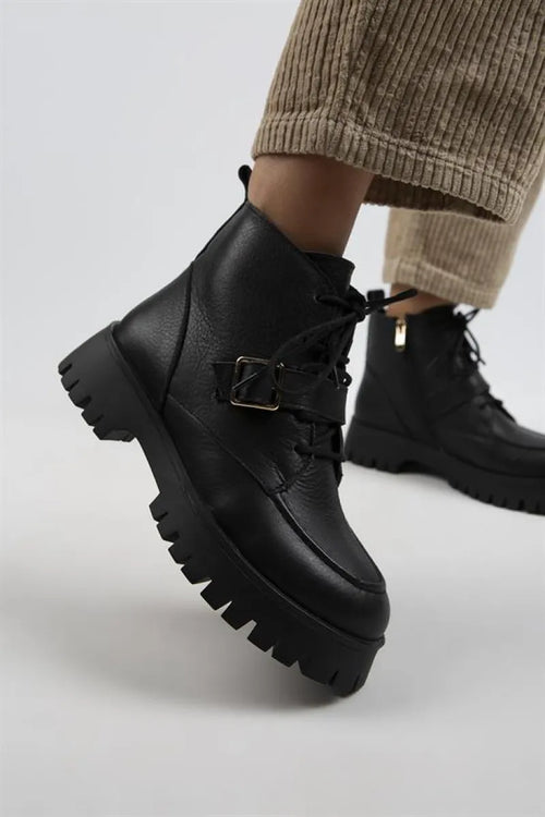 Mj- Samantha Women Original Leather Black zipper with lace -up black Boots