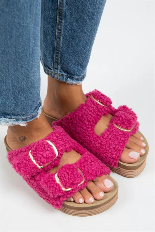 MJ- Selina Kurklü Women Textile furry double buckle fuchsia slippers