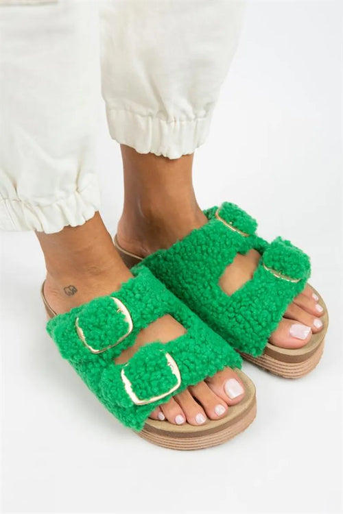 MJ-Selina harige dames textielbont harige dubbele groene slipper