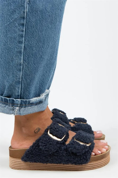MJ-Selina harige textielbont textielbont dubbele buckle marineblauwe slipper
