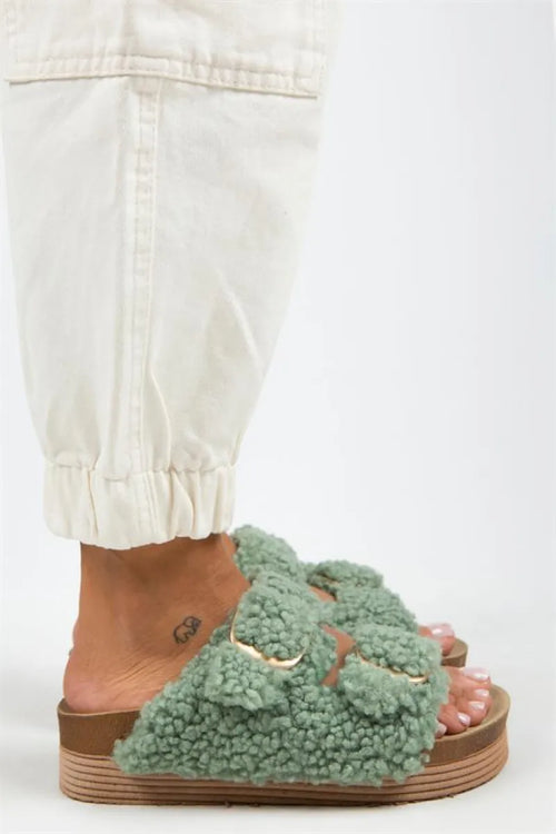 Mj- Selina Kürklü Kadın Tekstil Kürklü Çift Tokalı Mint Yeşil Terlik