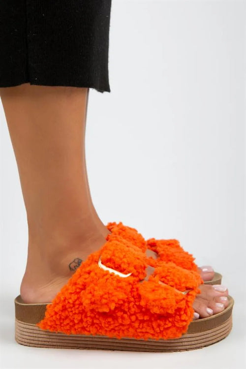 MJ-Selina szőrös női textil szőrme szőrös dupla csat narancssárga papucs