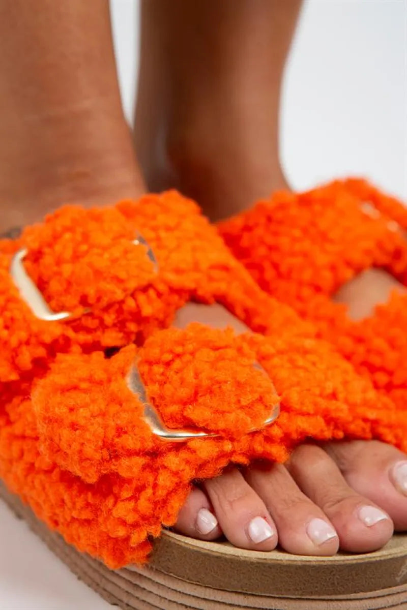 Mj- selina kürklü kadın tekstil çift tokalı turuncu terlik