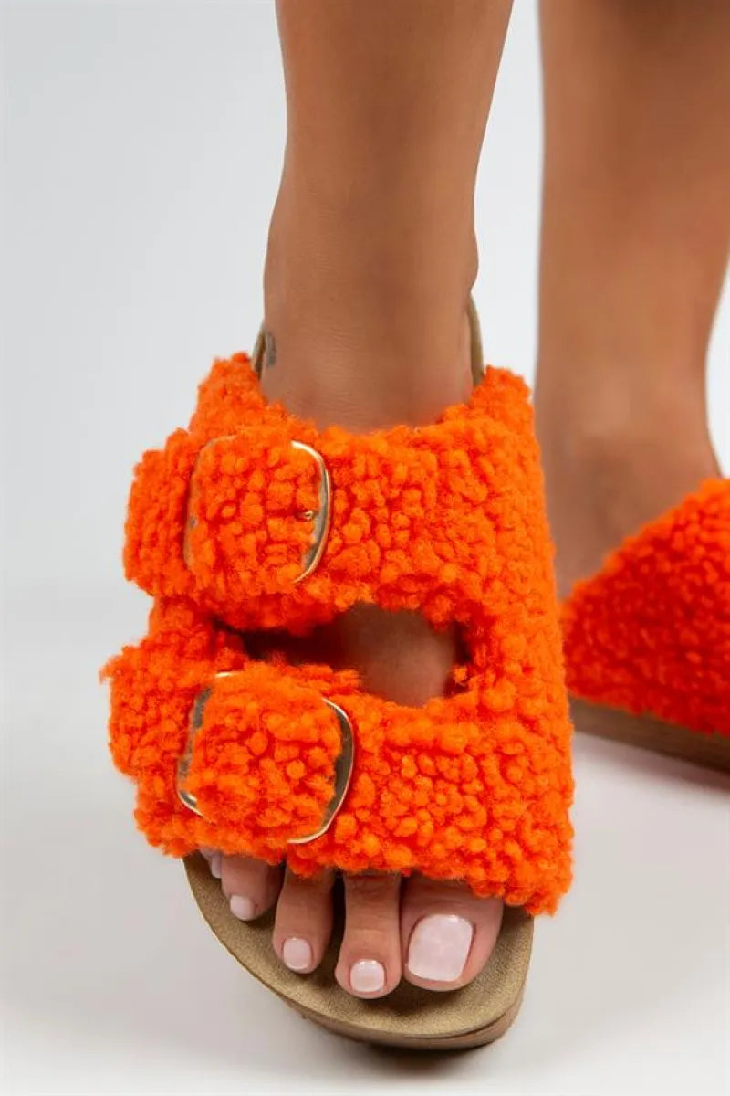 Mj- selina kürklü kadın tekstil çift tokalı turuncu terlik