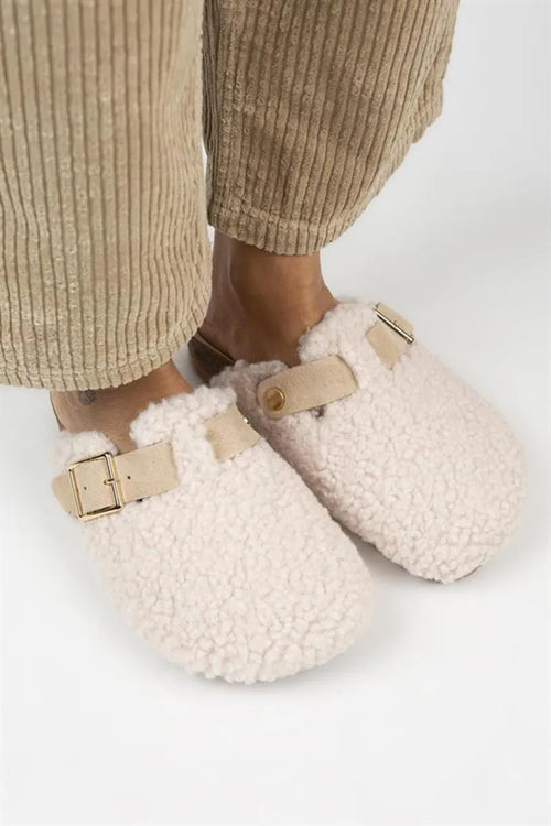 MJ-SUZEN Women's Textile Fur Fening lederen riemgespige beige slipper