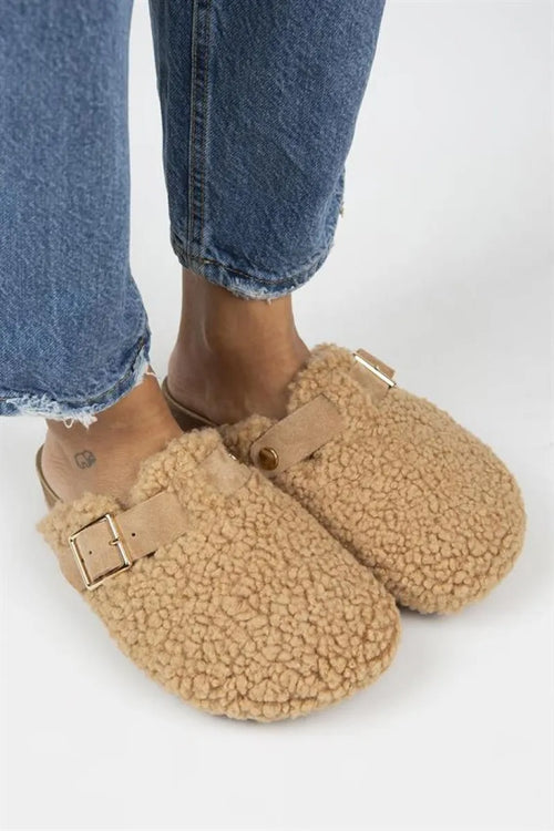 Mj- Suzen Women Textile fur Original Leather Arched buckle caramel slippers