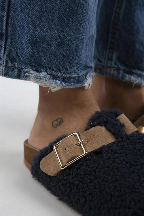 Mj-Suzen Teddy Women Textile fur Original Leather Arched buckle Navy Blue-Kum slippers