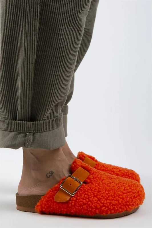 Mj- suzen teddy kadın tekstil kürklü hakiki deri kemerli tokalı turuncu terlik