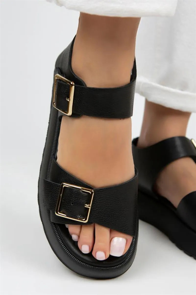 Mj - vena kadın hakiki deri tokalı siyah sandalet