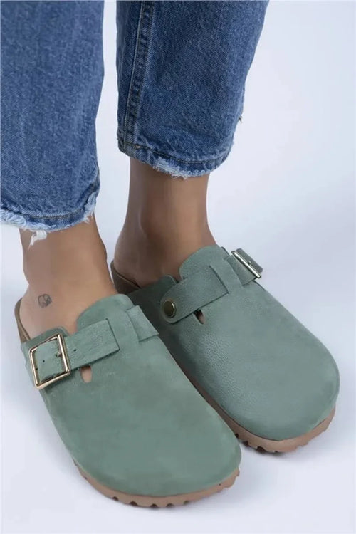 Mj- zeta Women Original Leather Green with arched buckle - gold slippers