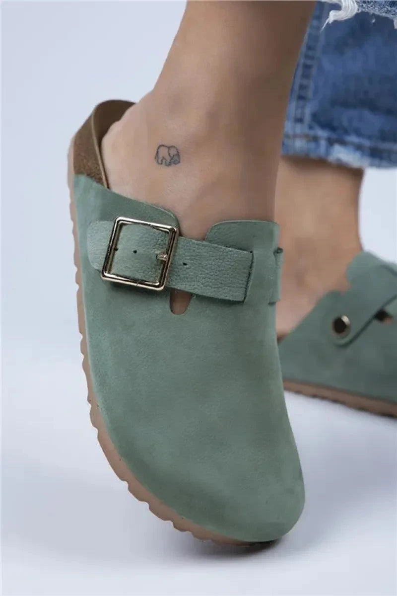 Women > shoes slippers mj- zeta kadın hakiki deri kemerli tokalı yeşil - gold