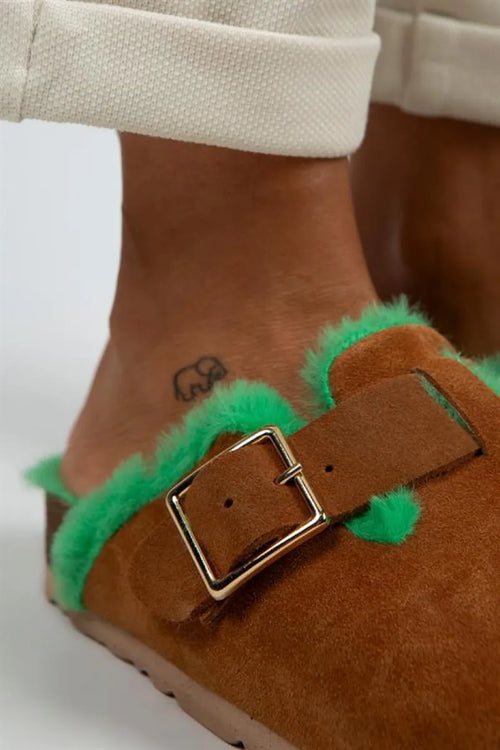 Mj-Zeta Furry Women Original Leather Arched buckle colored fur Tan Green slippers