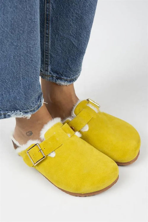 Mj-Zeta Furry Women Original Leather Furry Original Leather Arched buckle yellow slippers
