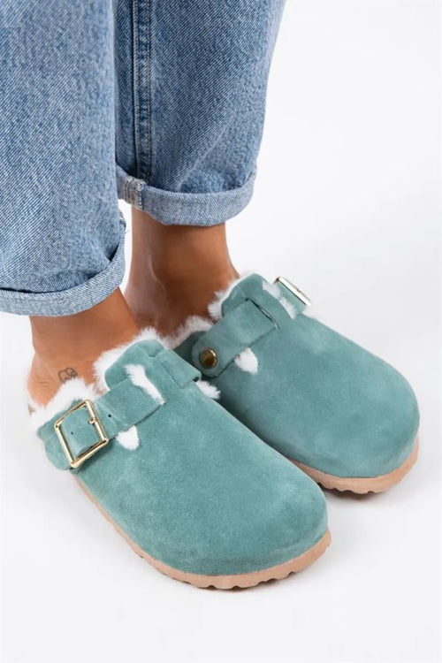 Mj-Zeta Furry Women Original Leather Mint green with furry furry with buckle Suede Slipper