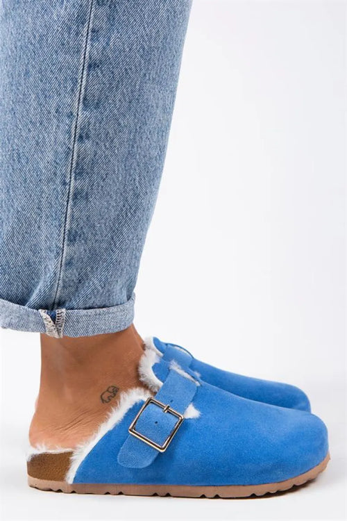 Mj-Zeta Furry Women Original Leather Hand with furry with buckle belt Blue Blue Suede Slipper
