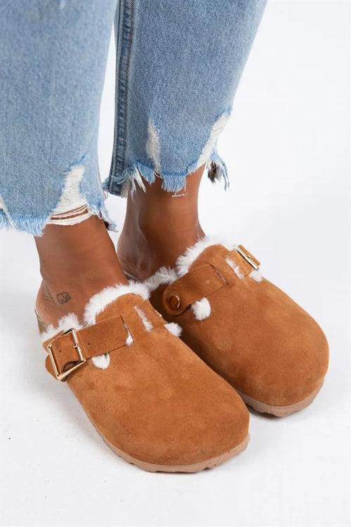 Mj-Zeta Furry Women Original Leather Furry with buckle arches Tan Suede Slipper