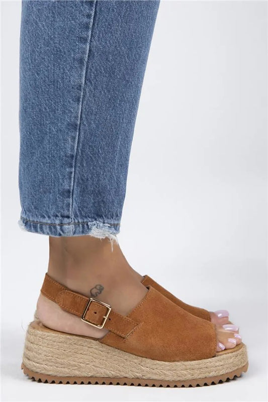 Mj- penny kadın hakiki deri kemerli tokalı taba sandalet / women > shoes >
