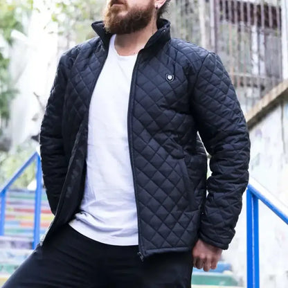 Navy blue quilted jacket with a white t-shirt underneath.