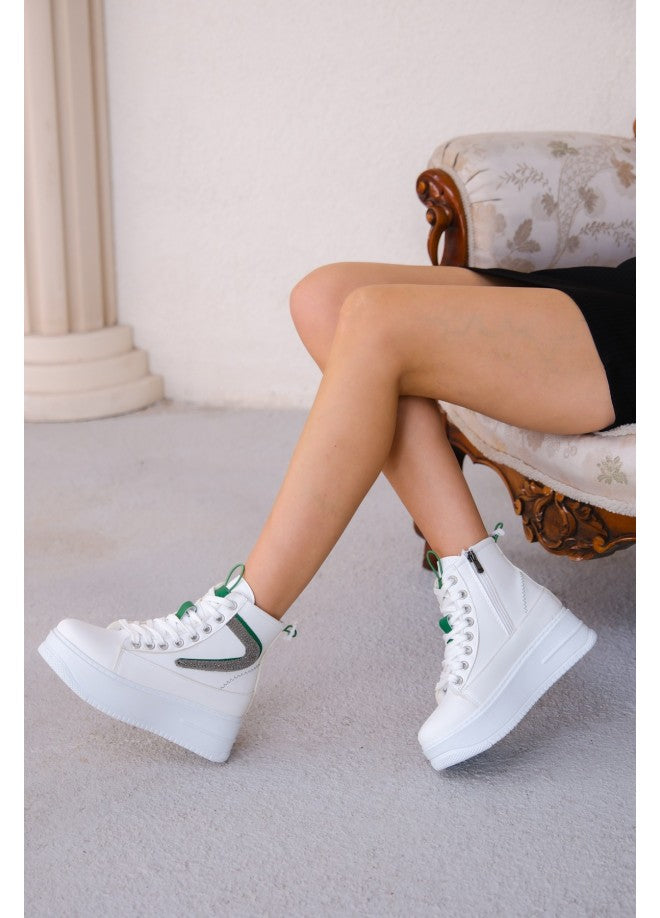 Co- Pone White Skin Green Detailed Lace Up Boots