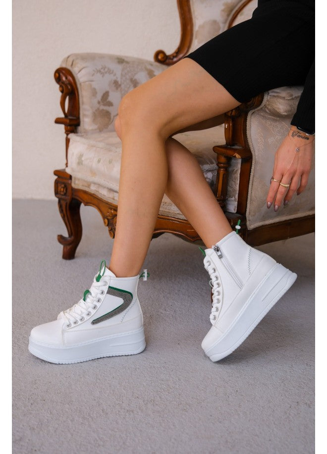 Co- Pone White Skin Green Detailed Lace Up Boots