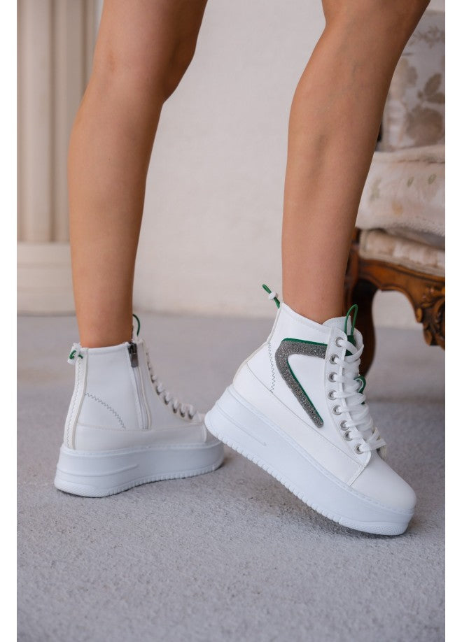 Co- Pone White Skin Green Detailed Lace Up Boots